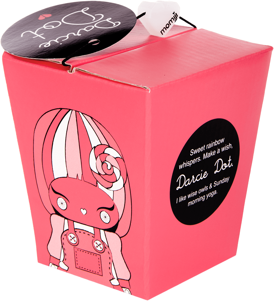 Pink box with Darcie Dot Momiji doll, a cute collectible with quirky style and a black tag, designed for secret messages inside. — Momiji doll