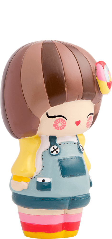 Darcie Dot Momiji doll with brown bob, blue overalls, yellow sleeves, heart-shaped pink blush, and sweet kawaii features. — Momiji doll
