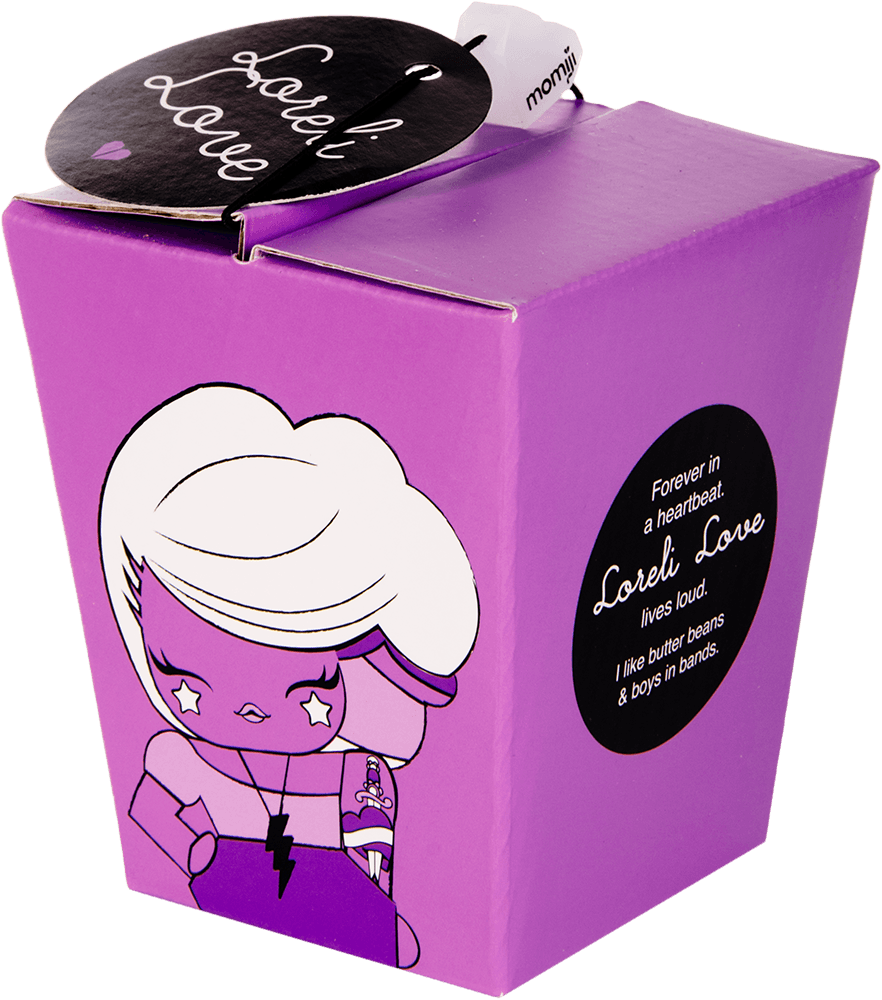 Purple box featuring Momiji doll character, heart-shaped tag, and Loreli Love Momiji doll description printed on the side. — Momiji doll