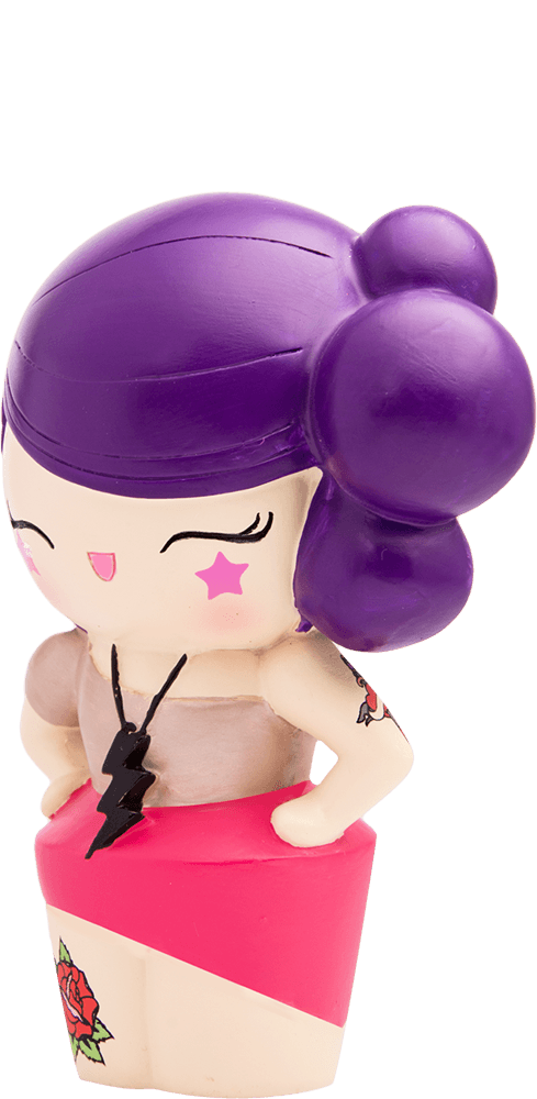 Loreli Love Momiji doll with purple hair, pink star detail, red skirt, rose tattoo, and a kawaii smiling face. — Momiji doll