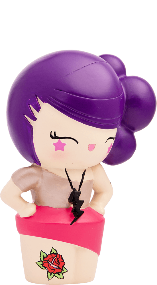 Loreli Love Momiji doll with purple hair, pink skirt, rose tattoo, and star accents; hides a secret message inside. — Momiji doll
