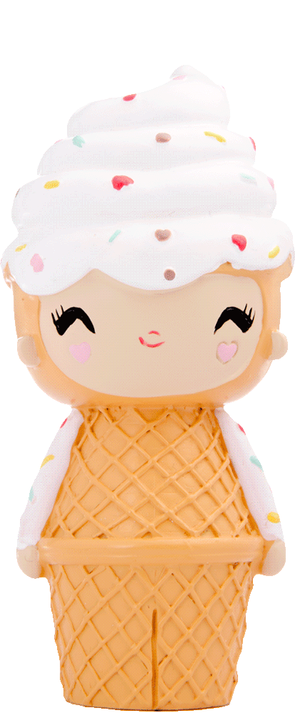 Happy Happy Happy Momiji doll with an ice cream swirl head, waffle cone body, sprinkles, and rosy pink cheeks. — Momiji doll