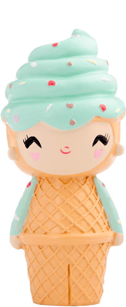 Happy Happy Happy Momiji doll with an ice cream swirl head, waffle cone body, pastel sprinkles, and cute kawaii styling. — Momiji doll