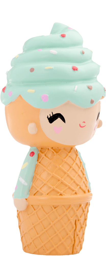 Happy Happy Happy Momiji doll shaped like an ice cream cone, with a smiling face, blue swirl top, and colorful sprinkles. — Momiji doll