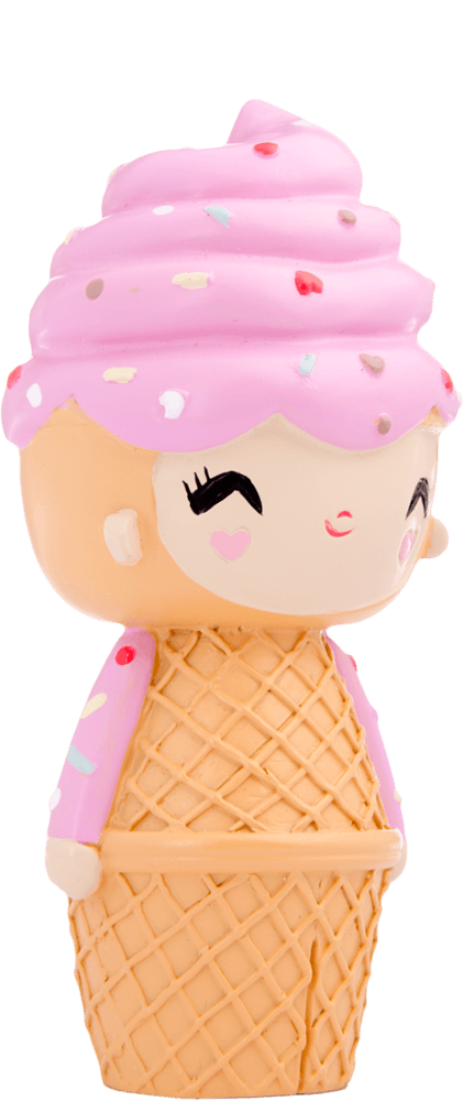Happy Happy Happy Momiji doll with an ice cream cone body, pink swirl hair, colorful sprinkles, and a cheerful smiling face. — Momiji doll