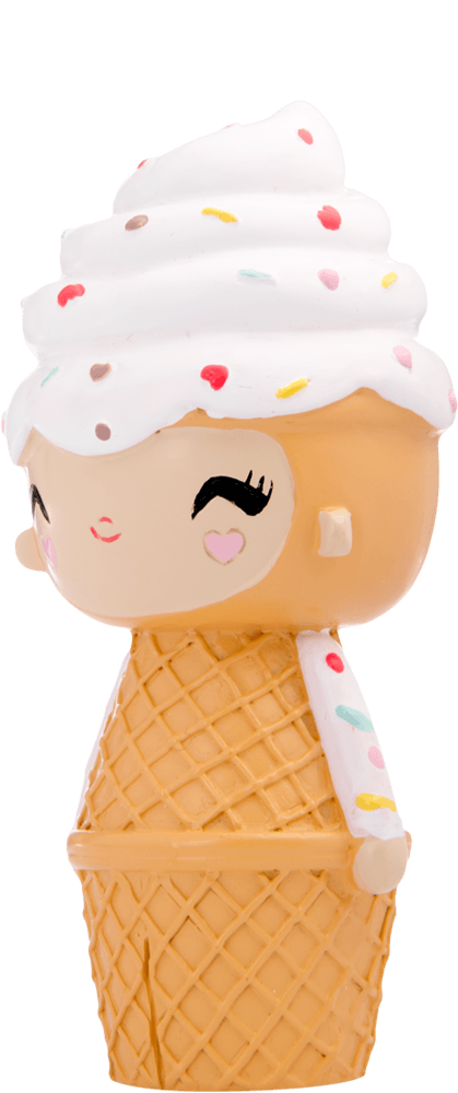 Momiji doll "Happy Happy Happy" with ice cream swirl hair, cone body, sprinkles, and a big smile; super kawaii collectible. — Momiji doll