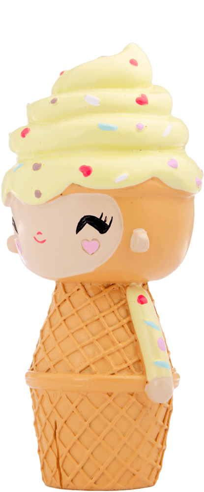 Happy Happy Happy Momiji doll shaped like a smiling ice cream cone with yellow swirl top and colourful sprinkles. — Momiji doll