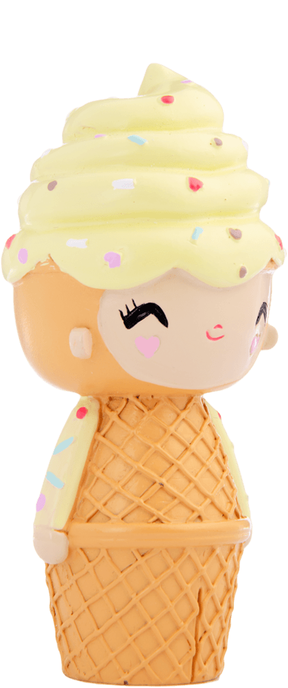 Happy Happy Happy Momiji doll with ice cream cone body, yellow swirl hair, colorful sprinkles, and a cheerful smile. — Momiji doll