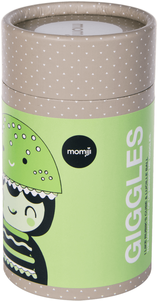 Momiji doll "Giggles" collectible in a green cylinder, featuring a kawaii cartoon girl and secret message inside. — Momiji doll