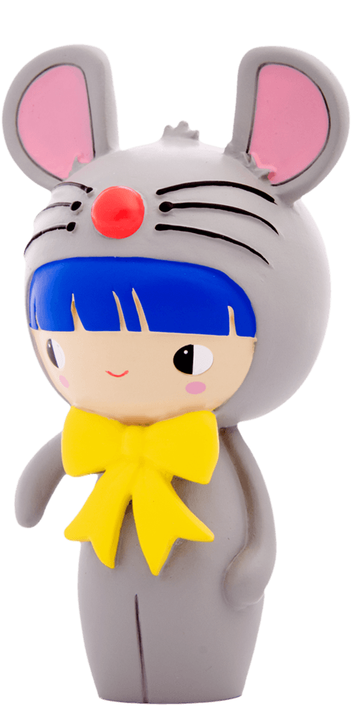BFF Muffin HN Momiji doll with blue hair, yellow bow, gray mouse costume, pink ears, and a red nose. — Momiji doll