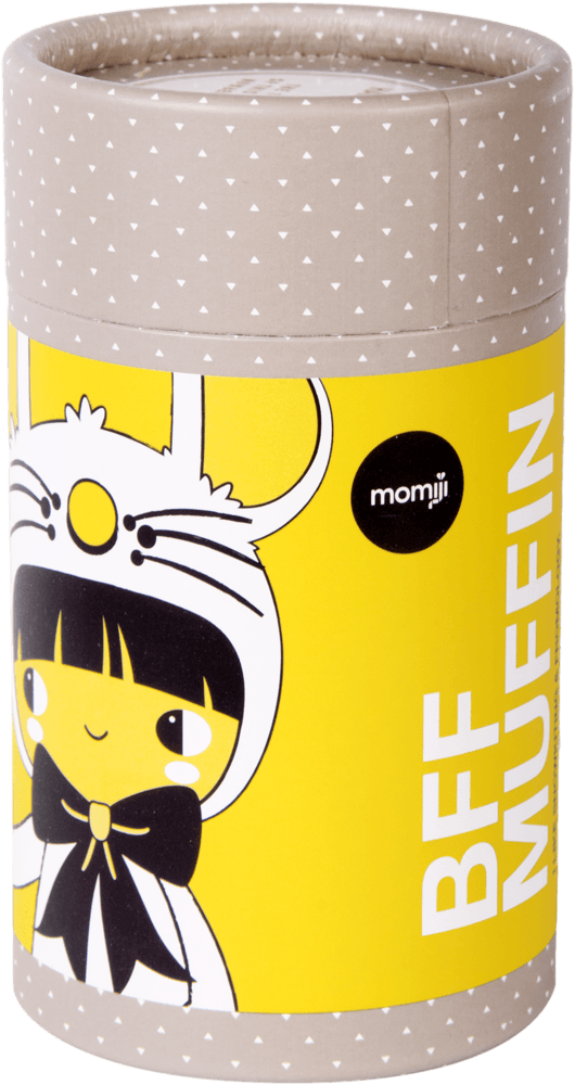 Cylindrical box with BFF Muffin HN Momiji doll, featuring a kawaii girl character and vibrant street style details. — Momiji doll