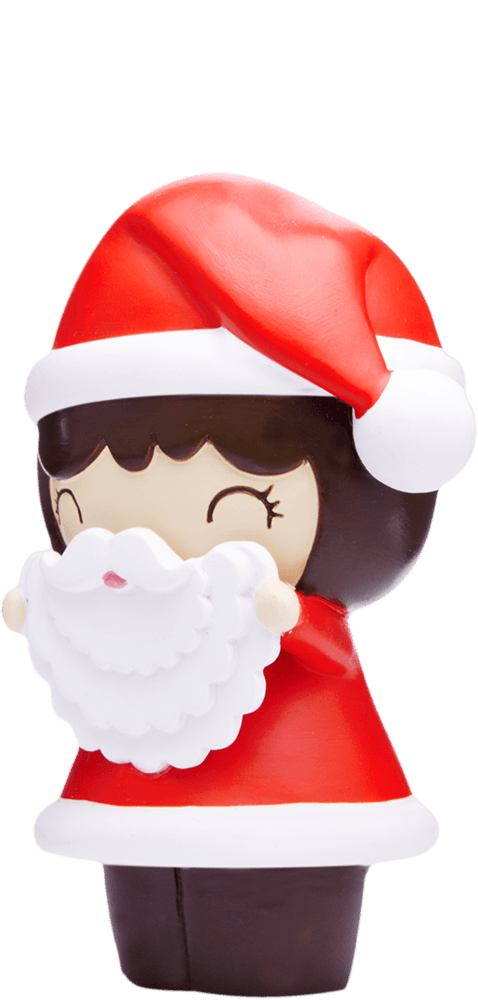 Secret Santa Momiji doll with red hat, white beard, closed eyes and a sweet smile. Collectible vinyl character with hidden message. — Momiji doll