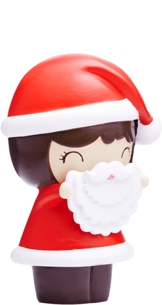 Secret Santa Momiji doll wearing a red Santa hat and coat, smiling with closed eyes. Cute collectible with hidden message. — Momiji doll