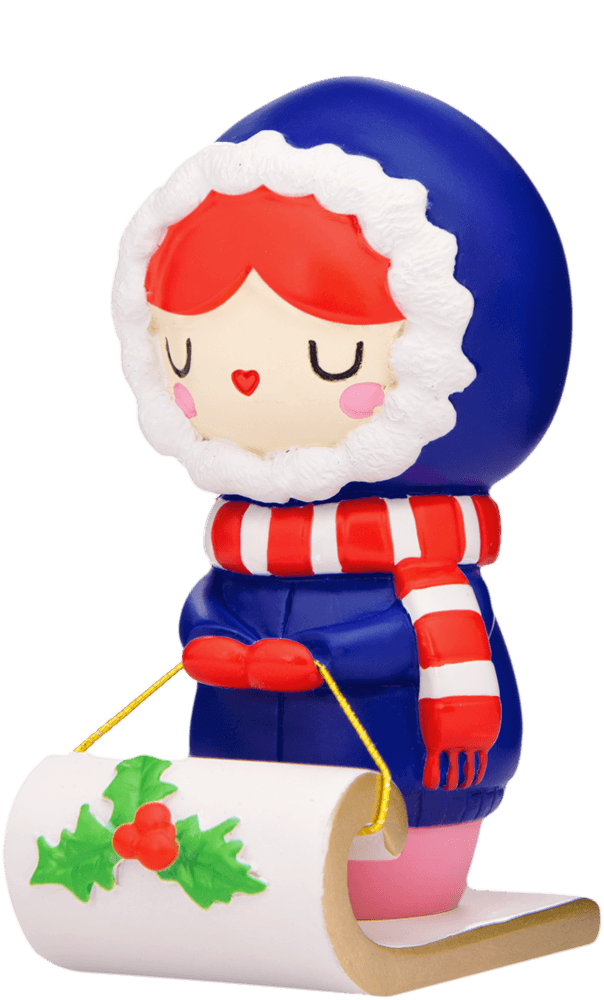 Pipaluk Momiji doll wears a blue hooded coat, striped scarf, and holds a scroll decorated with holly. — Momiji doll