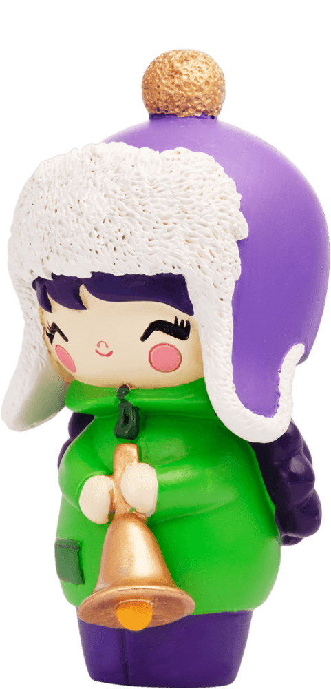 Winter Wonderland Momiji doll in a green coat, purple hat with white trim, holding a gold bell and smiling sweetly. — Momiji doll