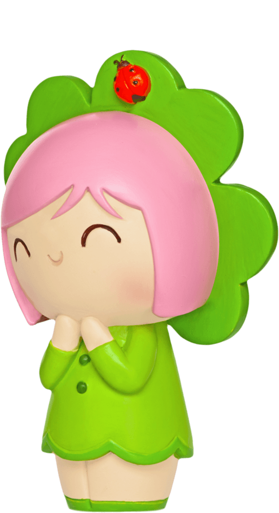Lucky Momiji doll with pink hair, green clover hat and dress, and a red ladybug detail. Cute collectible by Momiji. — Momiji doll
