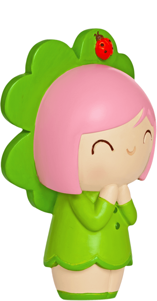 Lucky Momiji doll with pink hair, bright green outfit, clover hat, red ladybug detail, and a cheerful smile. — Momiji doll
