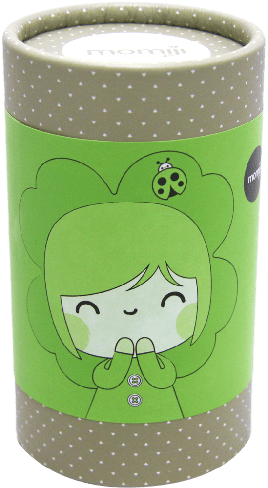Lucky Momiji doll features a cute green character with a ladybug on its head, white polka dots on lid and base. — Momiji doll