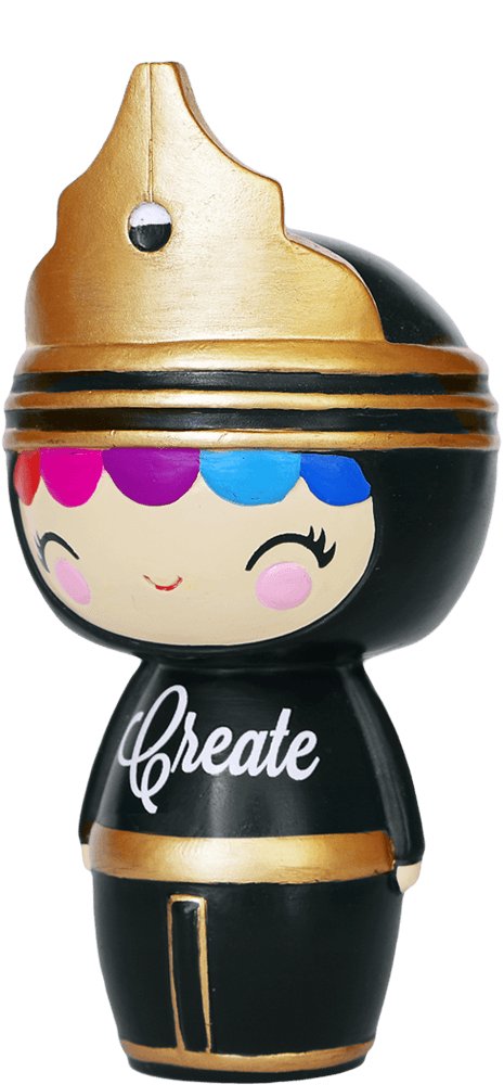 Momiji doll with vibrant hair, a cheerful smile, shiny gold crown, and sleek black outfit. Kawaii collectible with character charm. — Momiji doll