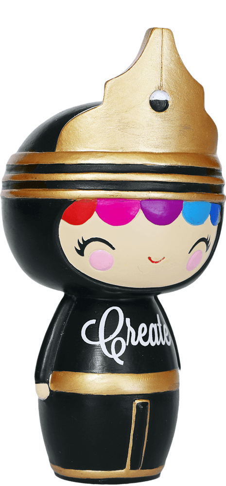 Create Momiji doll with a gold crown, multicolor hair, cheerful smile, and "Create" on its chest in black and gold. — Momiji doll