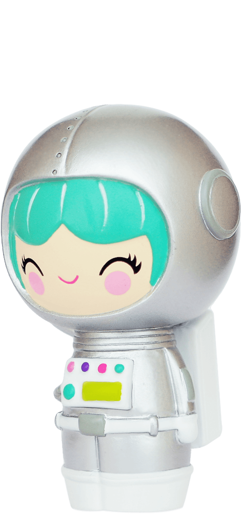 Momiji doll with teal hair, silver spacesuit, rosy cheeks, and colorful buttons; secret message inside. — Momiji doll