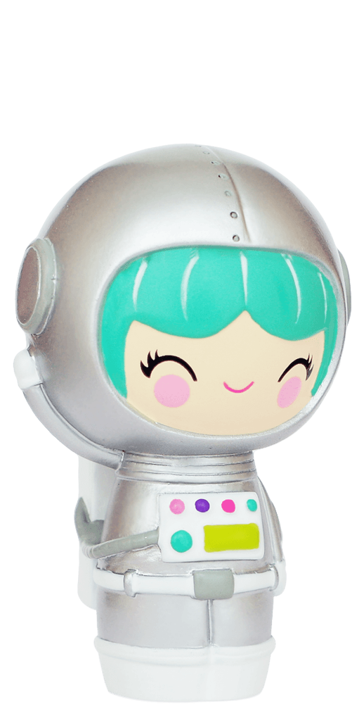 Explore Momiji doll in a silver spacesuit, teal hair, rosy cheeks, and a happy smile. Secret message hidden inside. — Momiji doll