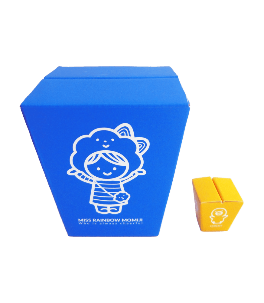A blue box and a small yellow box with Miss Rainbow and Chicky HN Momiji doll characters from FLUFFY HOUSE. — Momiji doll