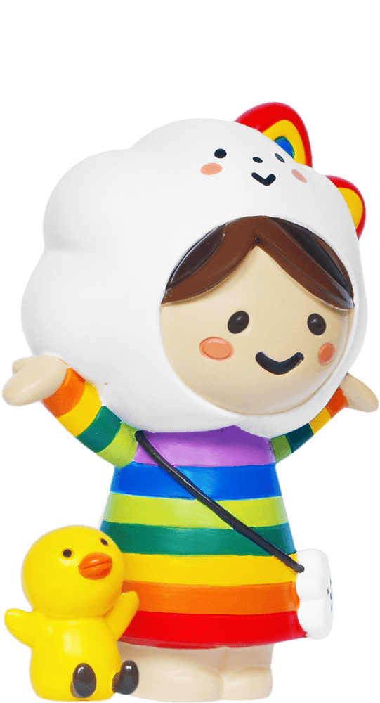 Miss Rainbow & Chicky HN Momiji doll wears a rainbow dress with a cloud hat, standing beside a small yellow duck. — Momiji doll