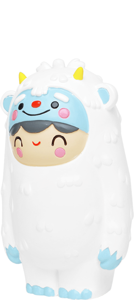 Snug Bug HN Momiji doll in a fluffy yeti costume with blue accents, yellow horns, and kawaii childlike features. — Momiji doll