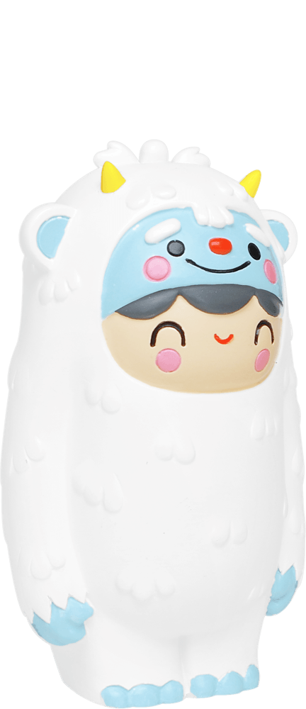 Snug Bug HN Momiji doll in a white and blue yeti costume, with kawaii features and a secret message slot underneath. — Momiji doll