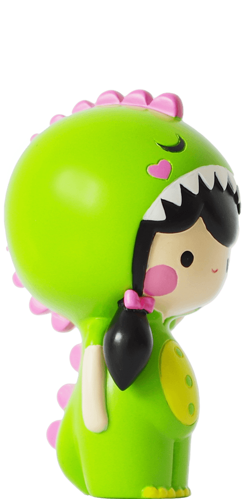 BFF Dina Momiji doll wears a green dinosaur suit with pink spikes, has black hair, pink cheeks, and faces right. — Momiji doll