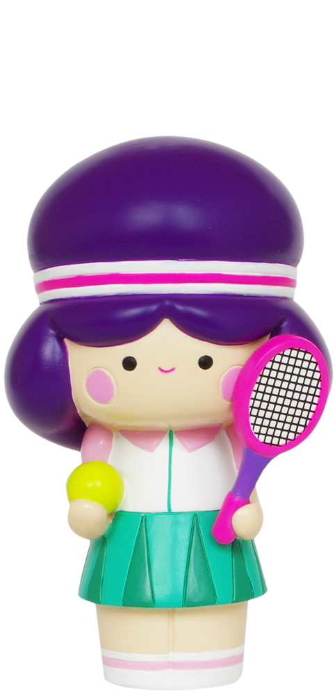 Ace Momiji doll with purple hair, green skirt, white tennis top and racket; a kawaii collectible with space for a secret message. — Momiji doll