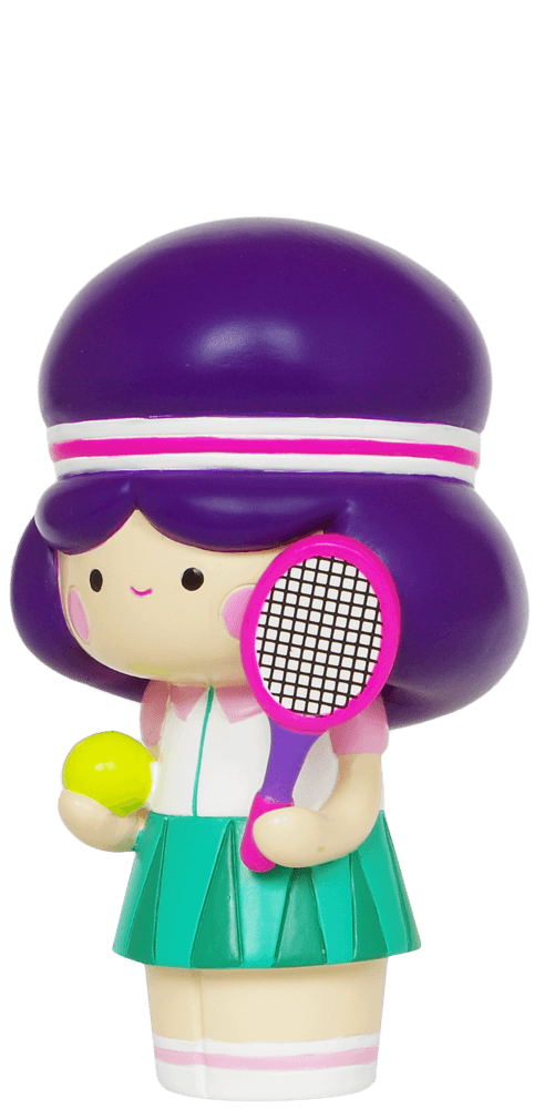 Ace Momiji doll with purple hair, green skirt, headband, holding a tennis racket and yellow ball. Kawaii vinyl collectible. — Momiji doll