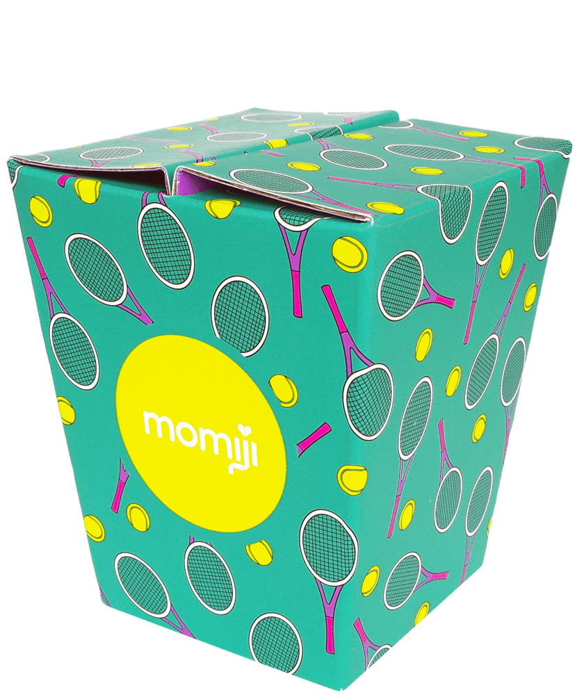 Teal box with tennis racquet and ball pattern, yellow circle, "Ace" in white text. Momiji doll collectible character item. — Momiji doll