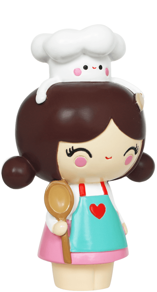 Cupcake HN Momiji doll with brown hair, a white chef hat, and a sweet smile. A collectible vinyl doll with secret message inside. — Momiji doll