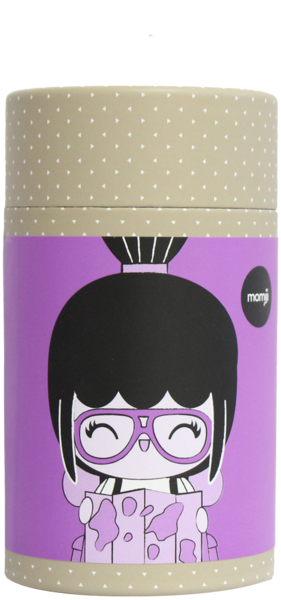 Adventure Momiji doll with glasses on a polka dot cylindrical gift box, purple background, inspired by Tokyo and Seoul street style. — Momiji doll