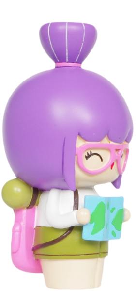 Momiji doll with purple hair, pink glasses, backpack, and map; smiling and facing left. Inspired by Tokyo and Seoul street style. — Momiji doll