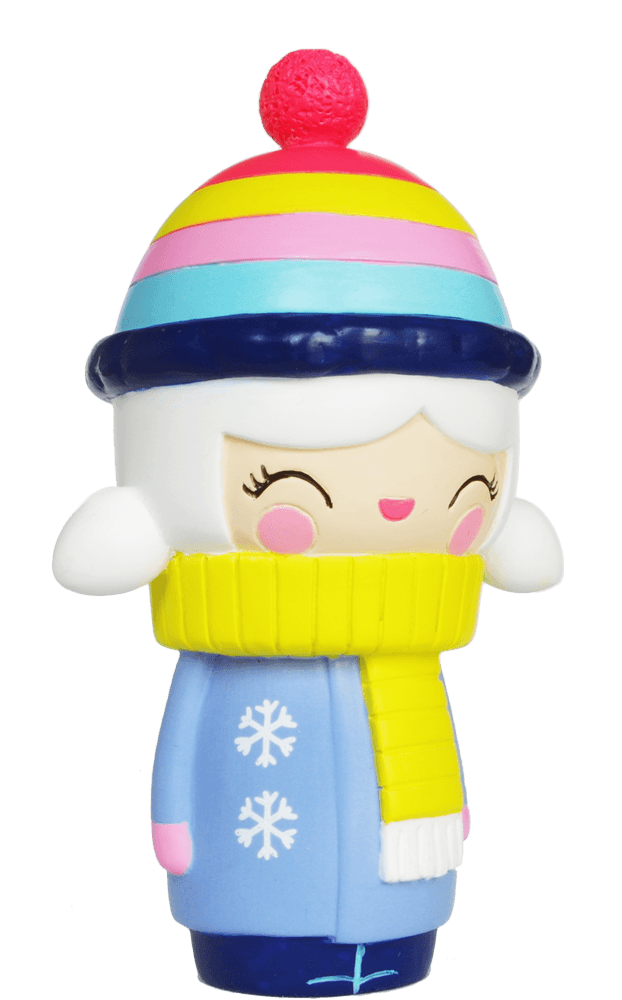 Winter Wonderland HN Momiji doll in cozy winter coat, yellow scarf, and hat, smiling; cute collectible with secret message inside. — Momiji doll
