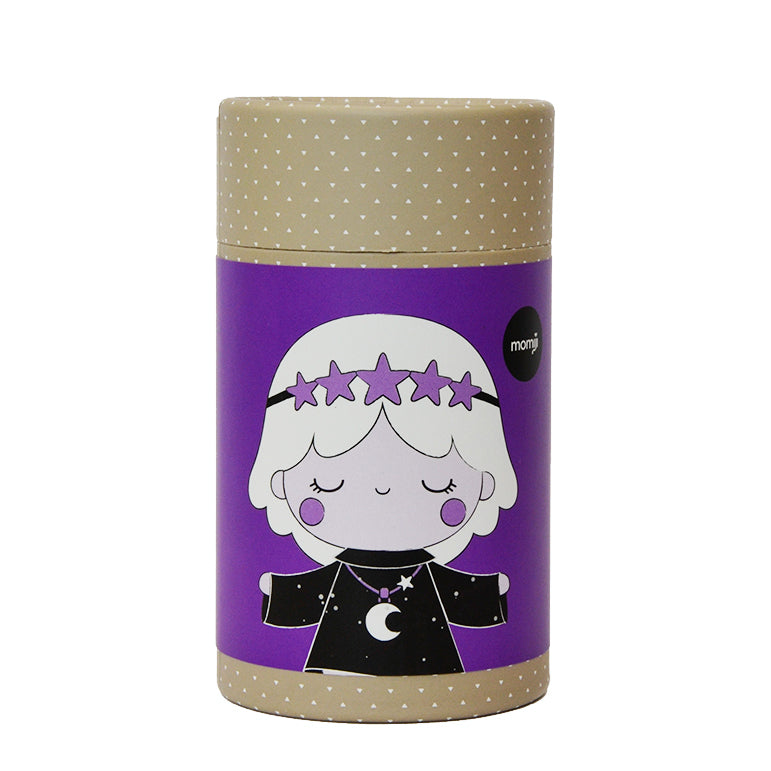 Galaxy Girl Momiji doll in black and purple, star crown on head, moon necklace, cute cartoon face; collectible with hidden message inside. — Momiji doll