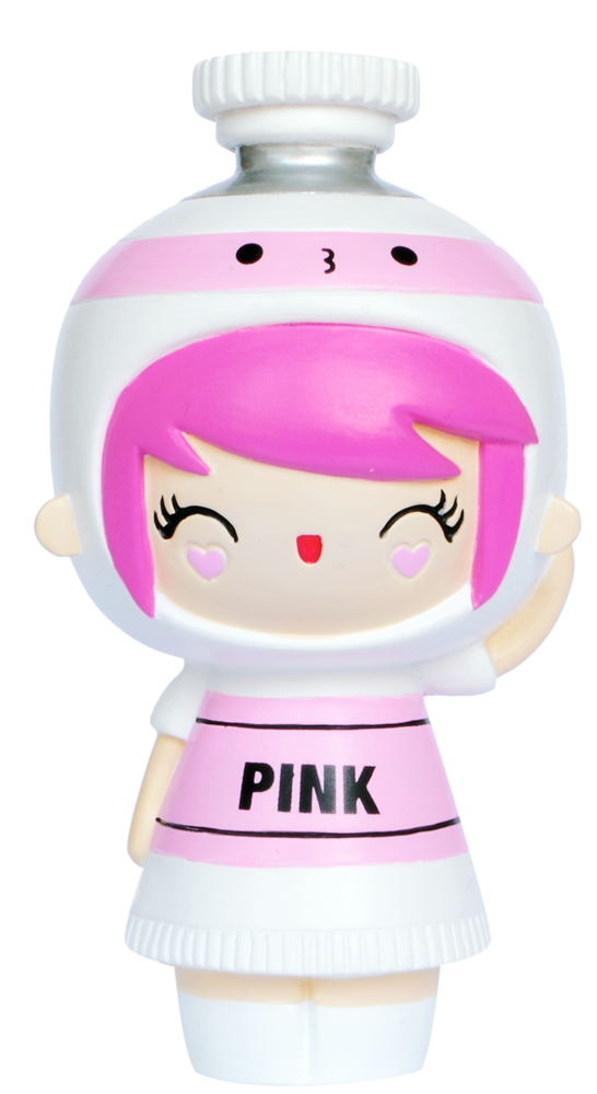 Pink Momiji doll with pink hair, white outfit featuring "PINK" text, holding a bottle cap; kawaii collectible character. — Momiji doll