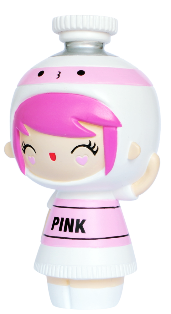 Create Pink Momiji doll with pink hair, heart cheeks, tube cap hat, “PINK” dress; cute collectible with hidden message inside. — Momiji doll