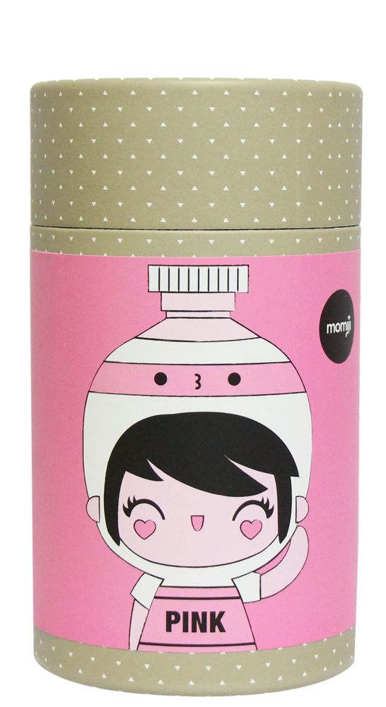 Create Pink Momiji doll in a cylindrical container with pink label, white triangle pattern; kawaii collectible hiding secret message. — Momiji doll
