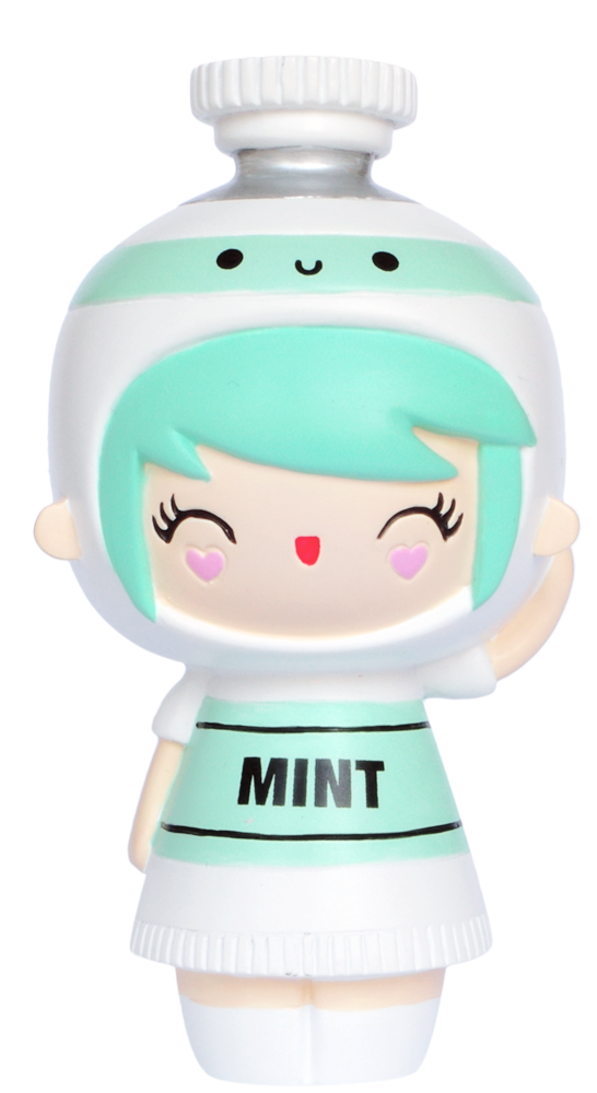 Create Mint Momiji doll with mint-green hair, mint dress labeled MINT, and bottle cap hat; kawaii collectible character. — Momiji doll