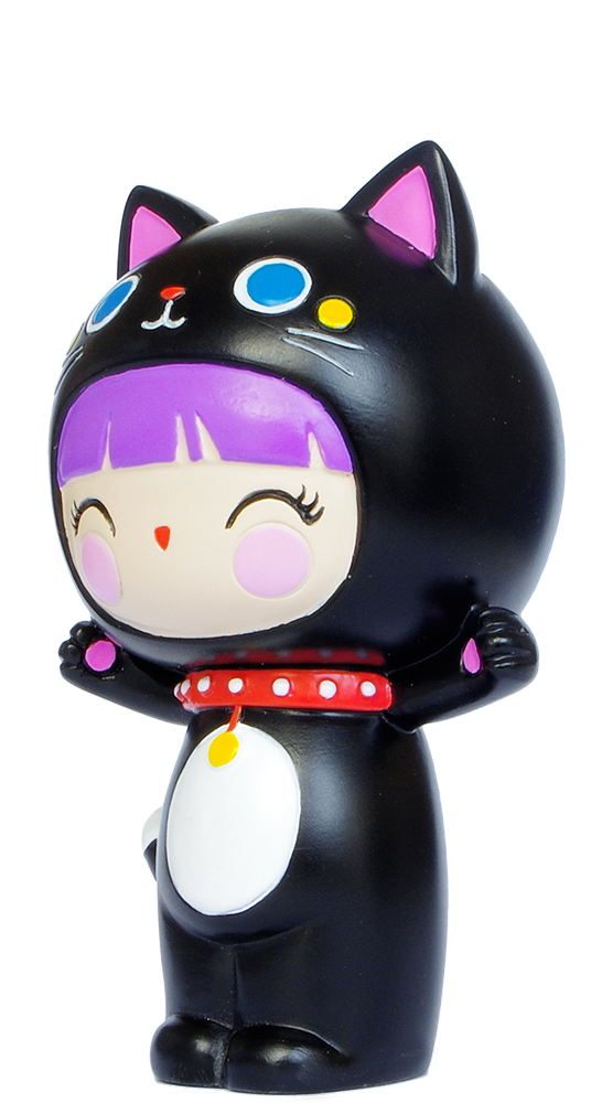 Best Friends Momiji doll with purple hair, black cat outfit, red polka dot collar, and a sweet closed-eye smile. — Momiji doll