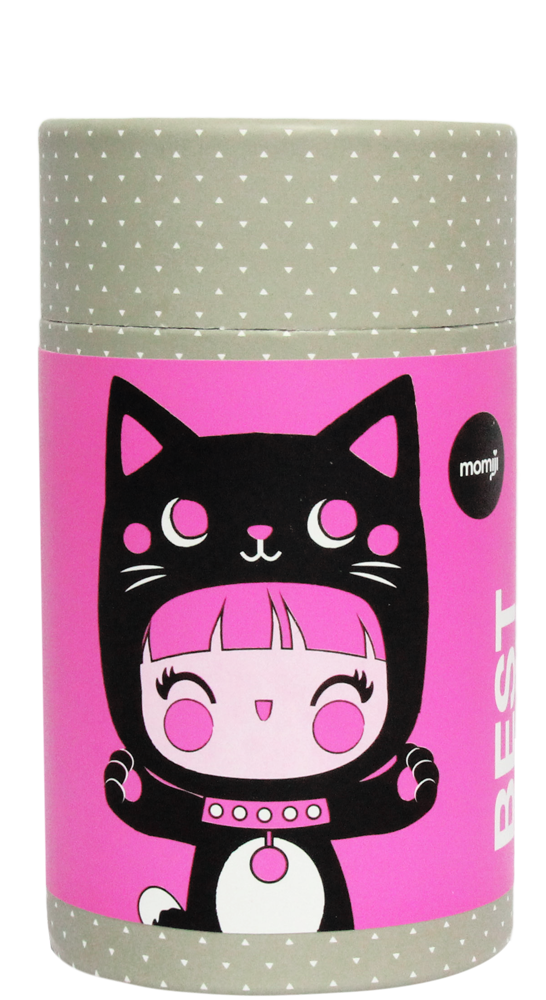 Best Friends Momiji doll in a black cat costume, set against a background of pink and gray polka dots. — Momiji doll