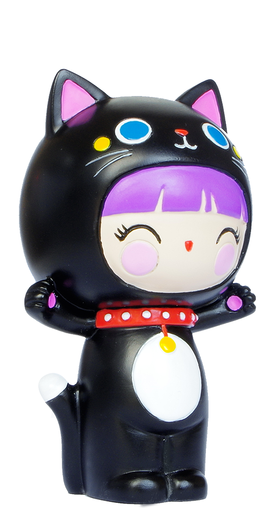 Best Friends Momiji doll with purple hair, black cat costume, red collar; includes secret message slot. Collectible kawaii figure. — Momiji doll