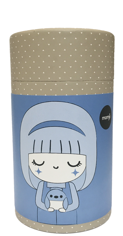 Cylindrical container featuring the Momiji doll character "Bluebird" with a cat on blue, designed by Momiji; 2nd production edition. — Momiji doll