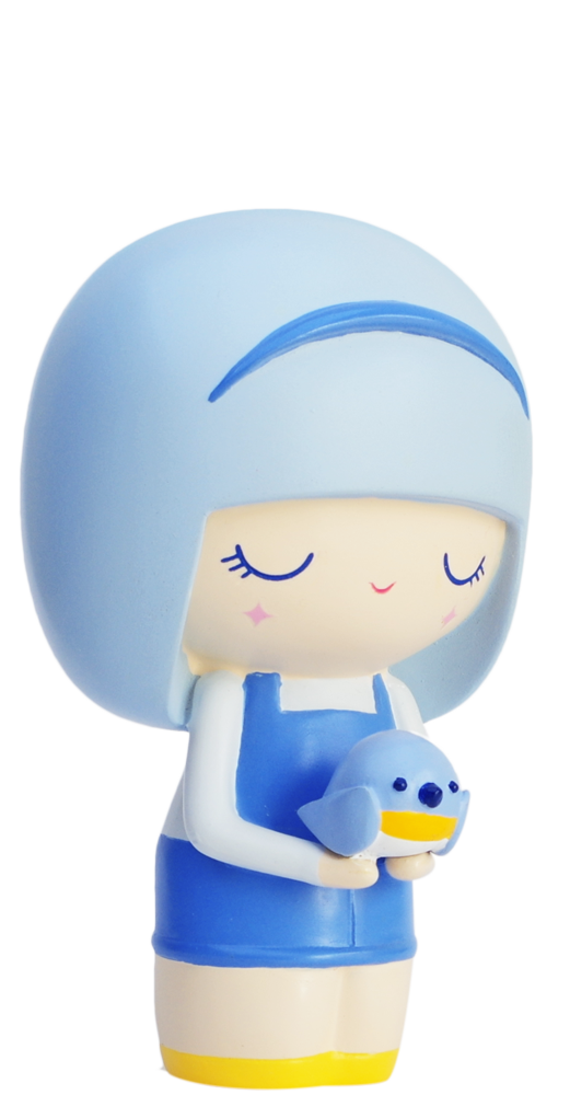 Bluebird Momiji doll with blue hair and outfit, gently smiling with closed eyes, holding a small blue bird in her hands. — Momiji doll