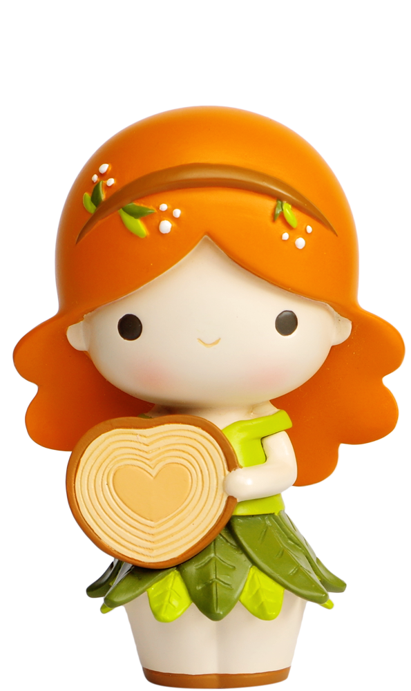 Kindness Momiji doll with orange hair, leaf skirt, heart-shaped ring, sitting on a tree log. — Momiji doll