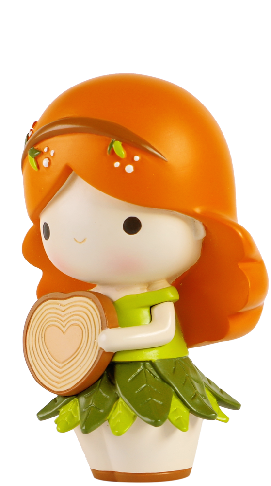 Momiji doll "Kindness" with orange hair, leafy green dress, holding a tree ring with a heart at its center. — Momiji doll